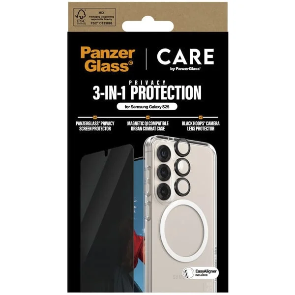PanzerGlass Flagship 3-in-1 Privacy Set (transparent/weiß, Samsung Galaxy S25, QI-kompatibel, EasyAligner)