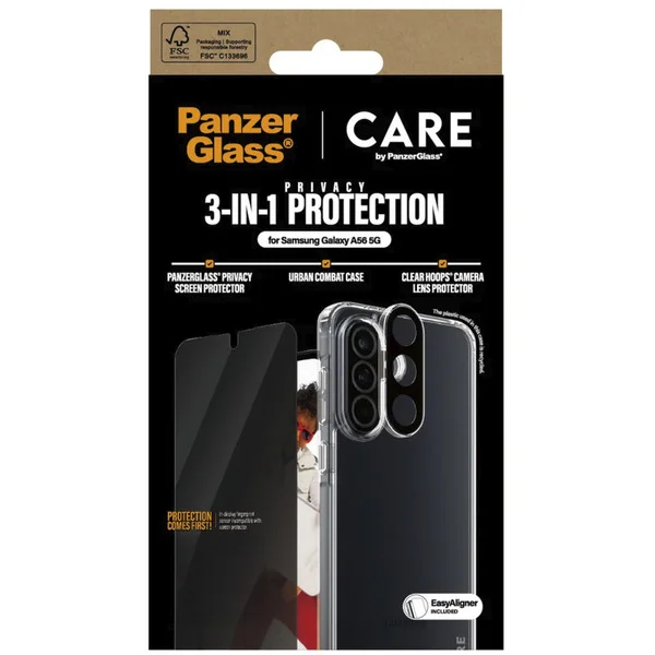 PanzerGlass Flagship 3-in-1 Privacy Set (transparent/weiß, Samsung Galaxy A56 5G, QI-kompatibel, EasyAligner)