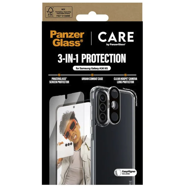 PanzerGlass Flagship 3-in-1 Set (transparent/weiß, Samsung Galaxy A36 5G, QI-kompatibel, EasyAligner)