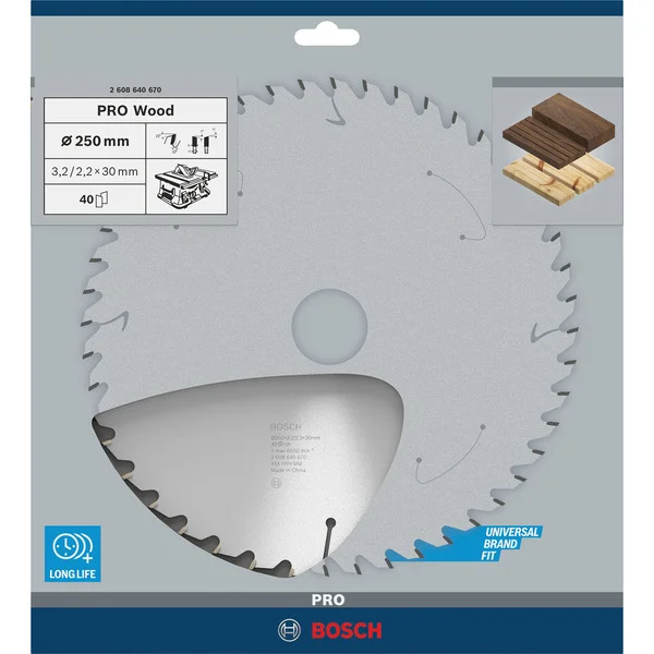 Bosch Professional PRO Wood Kreissägeblatt, Ø 250mm, 40Z (Bohrung 30mm, für Tischkreissägen)