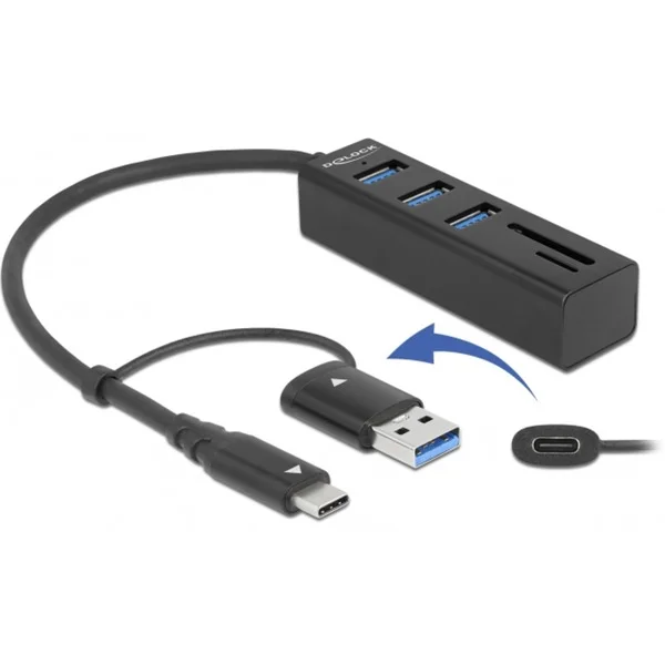 DeLOCK 3 Port USB 3.2 Gen 1 Hub + SD und Micro SD Card Reader mit USB Type-C oder USB Typ-A Anschluss, USB-Hub