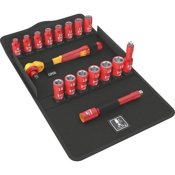 Wera Zyklop Knarrensatz 8100 SB VDE 1, 3/8", 17-teilig, Werkzeug-Set (rot/gelb, mit VDE-Umschaltknarre)