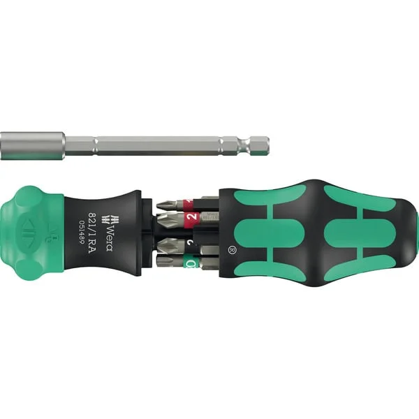 Wera Kraftform Kompakt 28 RA 1, Bit-Satz (schwarz/grün, 6-teilig, 1/4", mit Ratschenfunktion und Edelstahl-Bithalter)