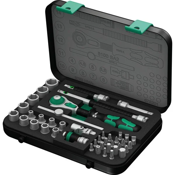 Wera Zyklop Speed-Knarrensatz 8100 SA 2, 1/4", Werkzeug-Set (schwarz/grün, 42-teilig, Speed-Knarre mit schwenkbarem Kopf)