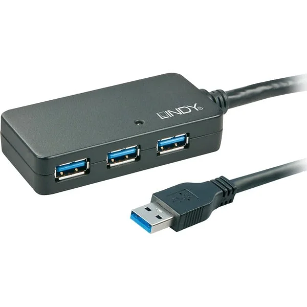Lindy USB 3.2 Gen 1 Aktivhub Pro, USB-A Stecker > 3x USB-A Buchse, USB-Hub (schwarz, 10 Meter)