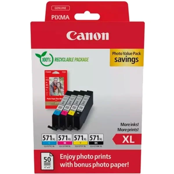 Canon Tinte Photo Value Pack CLI-571XL (inkl. 50 Blatt 10x15 Fotopapier)