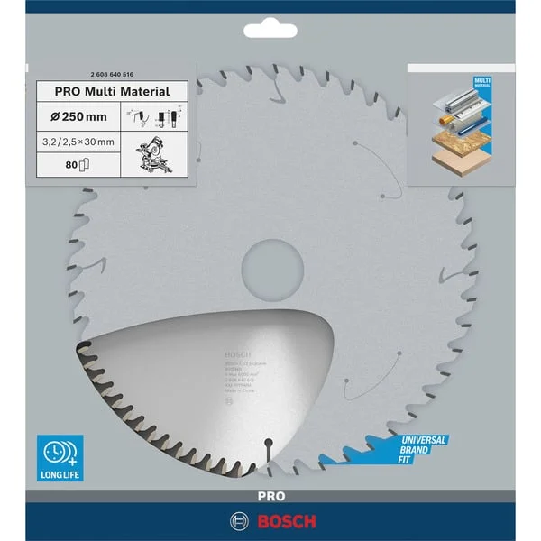 Bosch Professional PRO Multi Material Kreissägeblatt, Ø 250mm, 80Z (Bohrung 30mm, für Kapp- & Gehrungssägen)