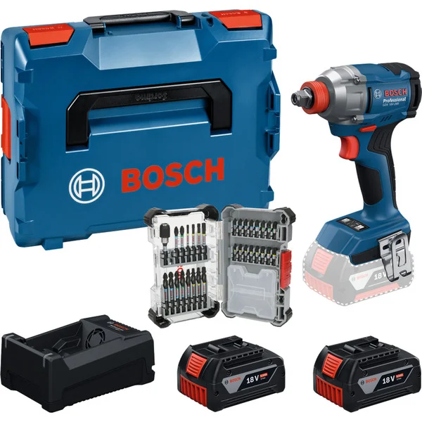 Bosch Professional Akku-Drehschlagschrauber Set GDX 18 Volt 285 Nm mit 2 Akkus 5,0 Ah und 31-teiligem Bit-Set in L-BOXX, Werkzeug-Set (Boxed)