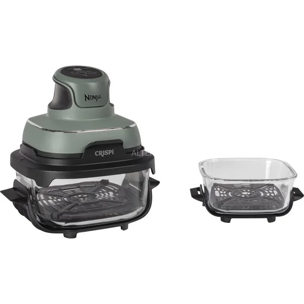 Ninja CRISPi 4-in-1 tragbare Glas-Heißluftfritteuse "Salbei" (graugrün/transparent, 1.700 Watt, 2 Körbe 1,4 und 3,8 Liter)