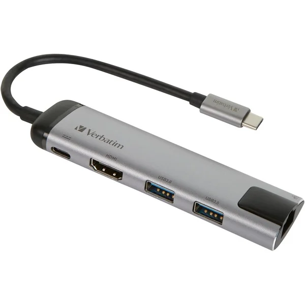 Verbatim USB 3.2 Gen 1 Multiport-Hub, USB-C Stecker > 2x USB-A + USB-C Buchse + HDMI-Buchse + RJ-45 Buchse, USB-Hub (silber/schwarz, PD, Laden mit bis zu 100 Watt)