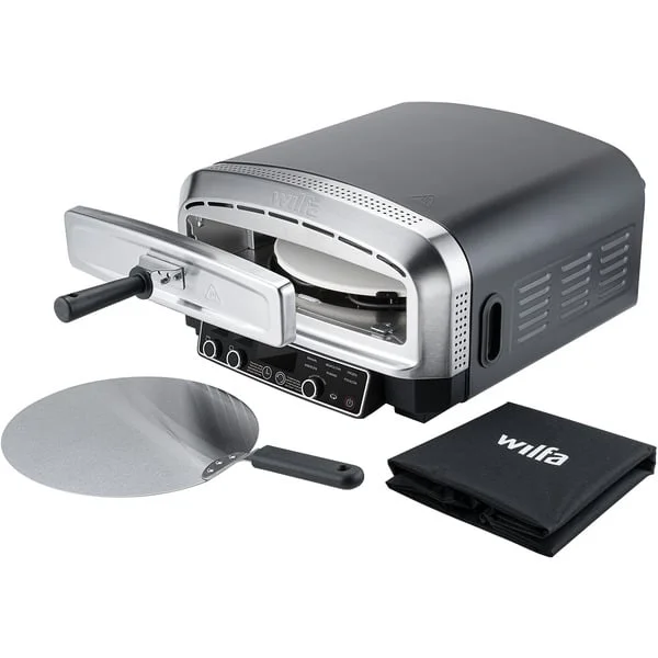 Wilfa CRUST Elektrischer Pizzaofen PO2B-E2200 (schwarz, 2.200 Watt, für Pizzen bis ca. Ø 32cm, rotierender Pizzastein)