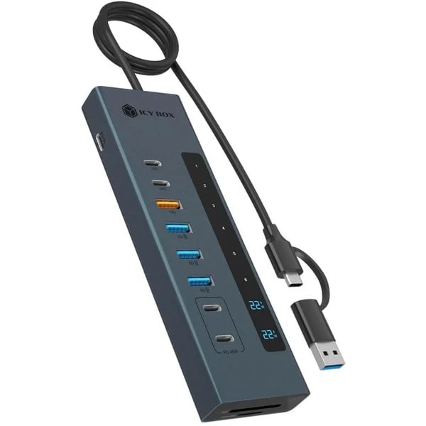 ICY BOX IB-HUB1742CR-C2PD, Dockingstation (hellblau, USB-A, USB-C, SD, microSD)
