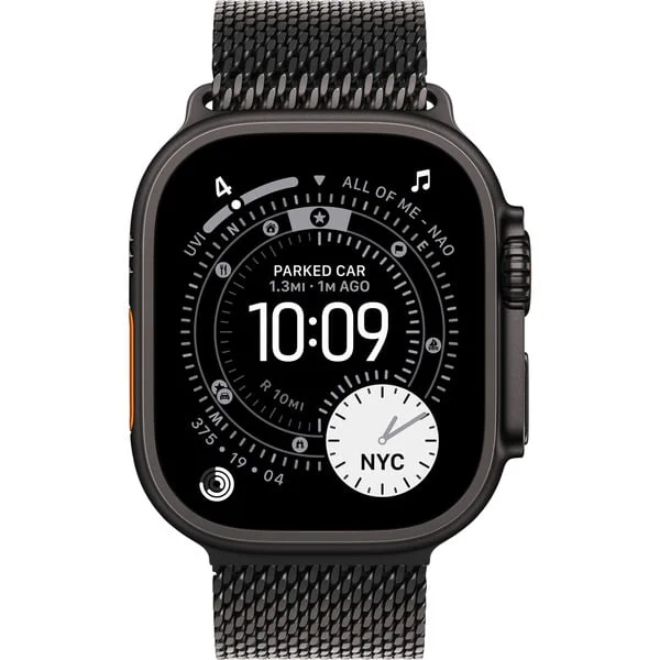 Apple Watch Ultra 3, Smartwatch (schwarz, 49 mm, Milanaise Armband schwarz S, Titangehäuse, Cellular)