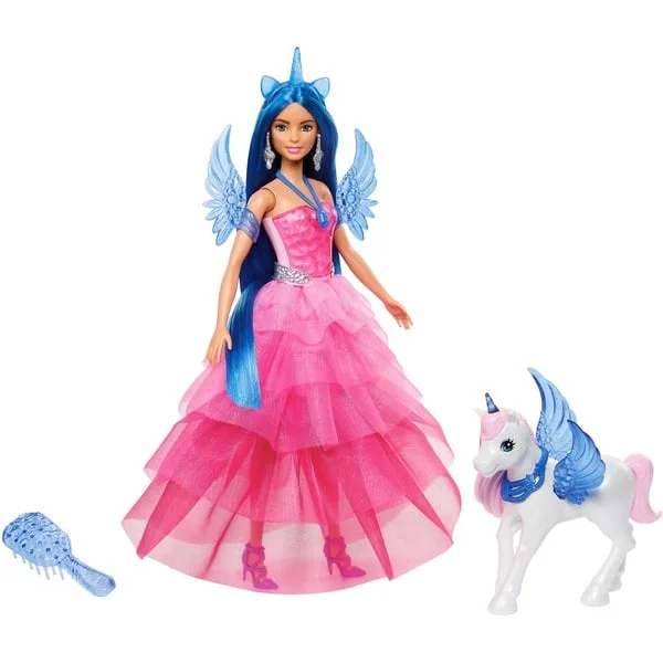 Mattel Barbie Saphire Puppe mit Einhorn (mit blauen Haaren und pinkfarbenem Kleid)