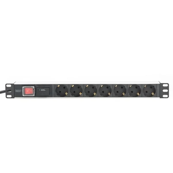 Digitus 19" Steckdosenleiste mit Aluminiumprofil, 7-fach, 1HE (2 Meter Kabel, Überspannungsschutz, Schalter)