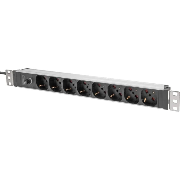 Digitus 19" Steckdosenleiste mit Aluminiumprofil, 8-fach italienischer Ausgang, 1HE (rot/aluminium, 2 Meter Kabel, Vorsicherung 10A, IEC C14-Stecker)