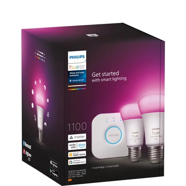 Philips HUE White & Color Ambiance Starter-Set: E27 Smarte Lampe A60 Doppelpack, LED-Lampe