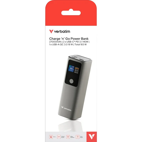 Verbatim Powerbank Charge 'n' Go 27.000mAh, 183 Watt (grau, PD 3.1, Quick Charge 3.0)