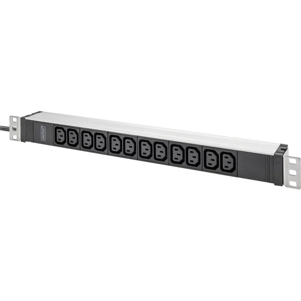 Digitus Steckdosenleiste 19" PDU mit Aluminiumprofil, 12-fach C13 (schwarz/aluminium, 2 Meter Kabel, 1 HE, 1-phasig 16A, Schutzkontaktstecker)
