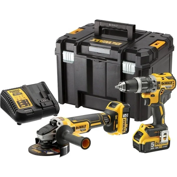 DEWALT Akku-Schlagbohrschrauber + Winkelschleifer Set DCK2080P2T, 18Volt, Werkzeug-Set (gelb/schwarz, Kombopack, 2x Li-Ionen Akku 5,0Ah, in TSTAK Box)