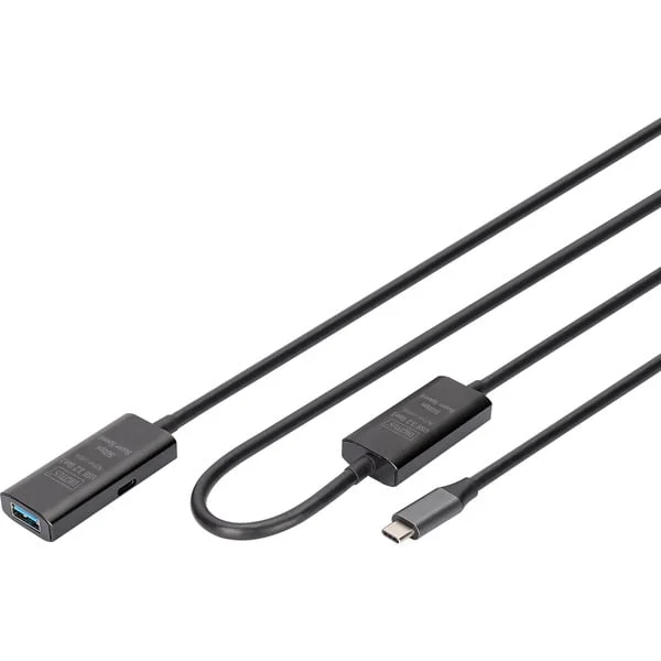 Digitus Aktives USB 3.2 Gen 1 Verlängerungskabel, USB-C Stecker > USB-A Buchse (schwarz, 10 Meter, Repeater Kabel)