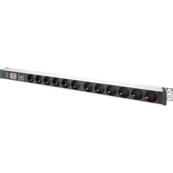 Digitus Steckdosenleiste PDU mit Aluminiumprofil, 12-fach (schwarz/aluminium, 2 Meter Kabel, 1 HE, mit Schalter und Überspannungsschutz)