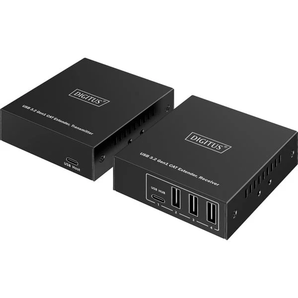 Digitus USB 3.2 Gen1 CAT Extender-Set, 5Gbps, 100 Meter, USB-Extender (schwarz, Sendeeinheit + Empfängereinheit, 4 Ports: 3x USB-A, 1x USB-C)