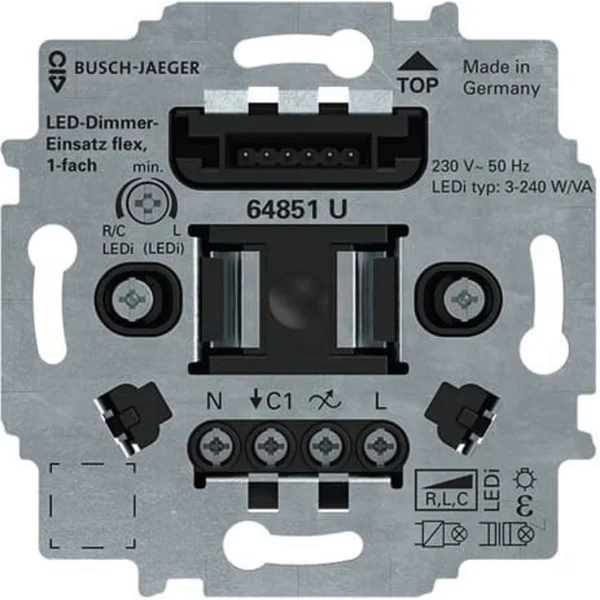Busch-Jaeger LED-Tastdimmer-Einsatz flex Typ 64851 U, Unterputz, 3-240 Watt, Phasenan- und Phasenabschnitt (schwarz (matt), Retail)
