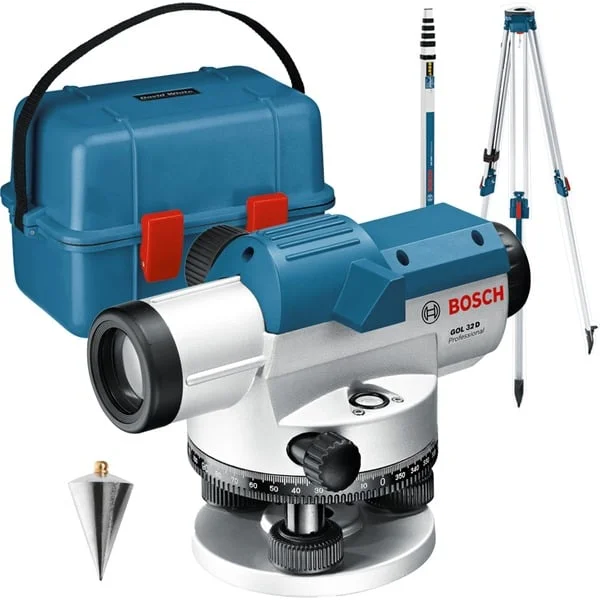 Bosch Professional Optisches Nivelliergerät GOL 32 G Professional, mit Baustativ (blau, Koffer, Maßeinheit 400 Gon)