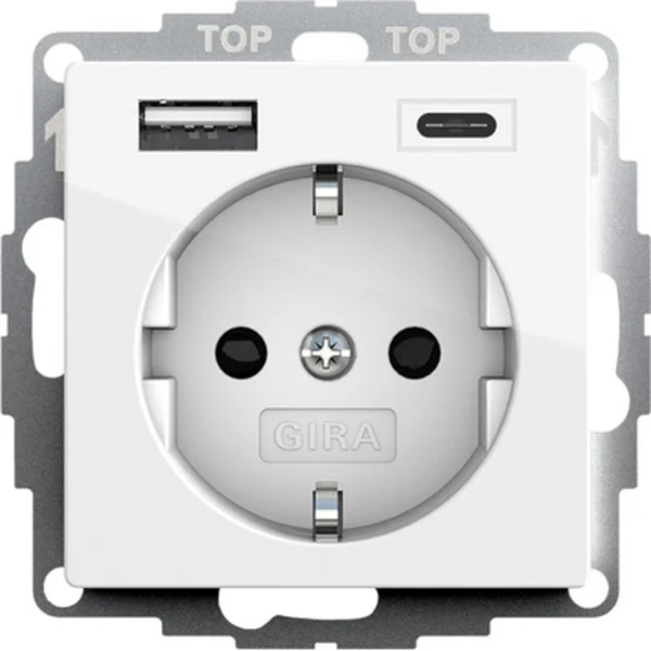 Gira Schutzkontaktsteckdose Typ F 16 Ampere 250 Volt mit USB-Spannungsversorgung, 2-fach (weiß (glänzend), Retail)