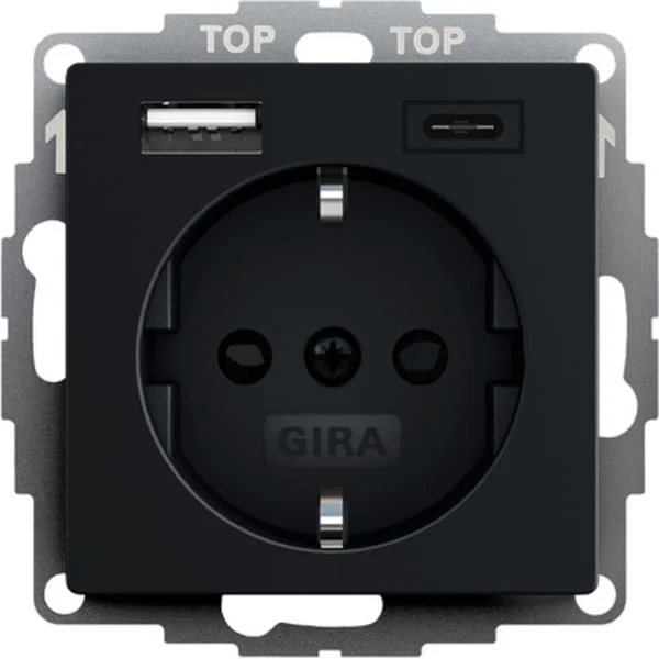Gira Schutzkontaktsteckdose Typ F 16 Ampere 250 Volt mit USB-Spannungsversorgung, 2-fach (schwarz (matt), Retail)