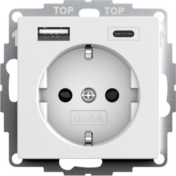 Gira USB-Spannungsversorgung mit Schutzkontaktsteckdose Typ F 16 Ampere 250 Volt, 2 USB-Ausgänge Typ A und Typ C (weiß (matt), Retail)