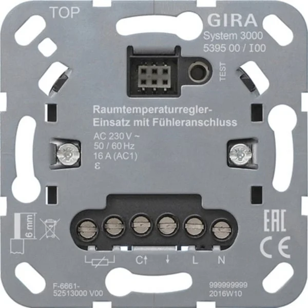 Gira Raumtemperaturregler-Einsatz mit Fühleranschluss, Unterputz, 230 Volt AC, Typ 539500, Heizungsthermostat (Retail)