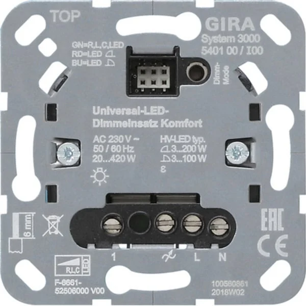 Gira Universal-LED-Dimmeinsatz Komfort, Typ 540100, Unterputz, Drucktaster, dimmbar, Dimmer (Retail)
