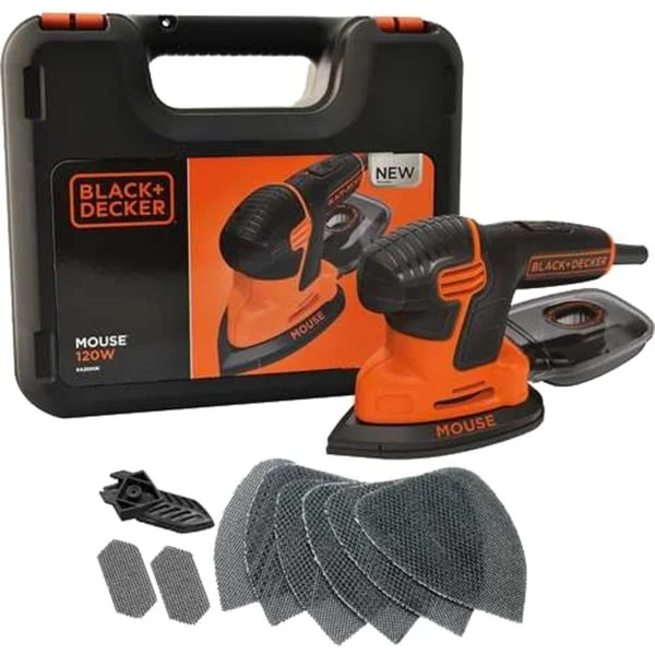 BLACK+DECKER Mouse-Schleifer KA2500K, Deltaschleifer (orange/schwarz, 120 Watt, mit Koffer u. 9-tlg. Schleifzubehör)