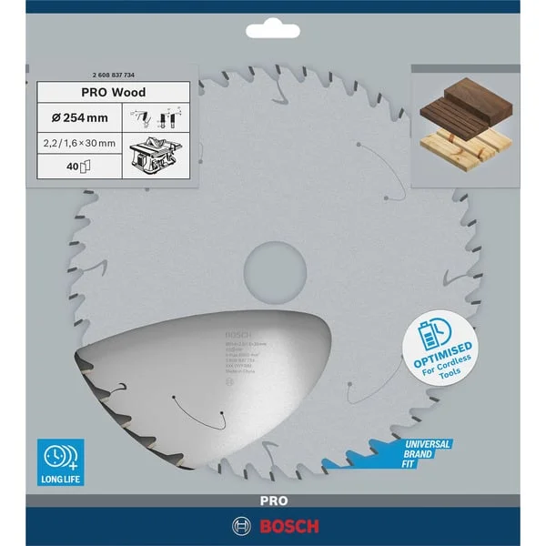 Bosch Professional PRO Wood cordless Kreissägeblatt, Ø 254mm, 40Z (Bohrung 30mm, für Akku-Tischkreissägen)