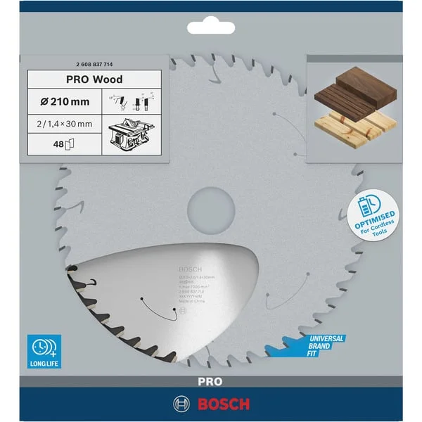 Bosch Professional PRO Wood cordless Kreissägeblatt, Ø 210mm, 48Z (Bohrung 30mm, für Akku-Tischkreissägen)