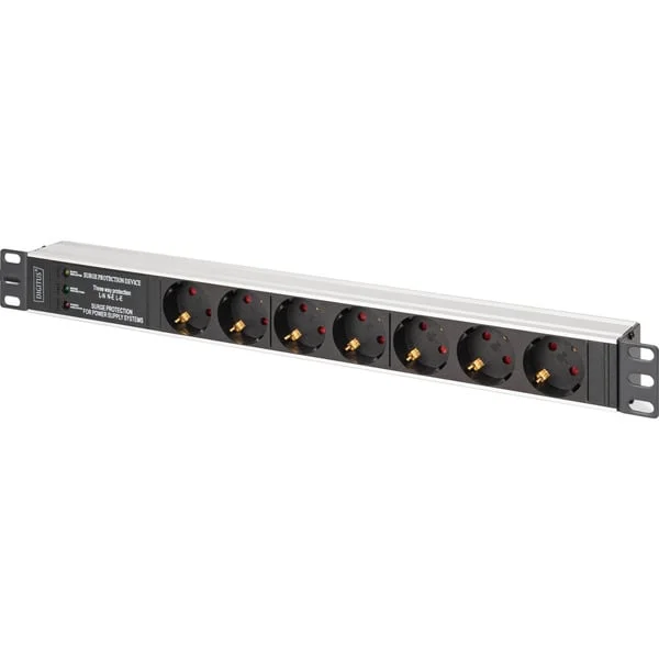 Digitus Steckdosenleiste 19" PDU mit Aluminiumprofil, 7-fach (schwarz/aluminium, 2 Meter Kabel, 1 HE, mit Netzfilter und Überspannungsschutz)
