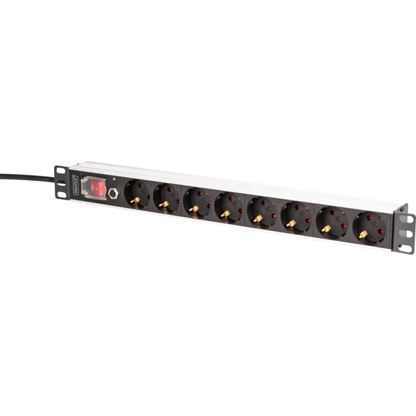 Digitus Steckdosenleiste 19" PDU mit Aluminiumprofil, 8-fach (schwarz/aluminium, 2 Meter Kabel, 1 HE, mit Schalter und Überspannungsschutz)
