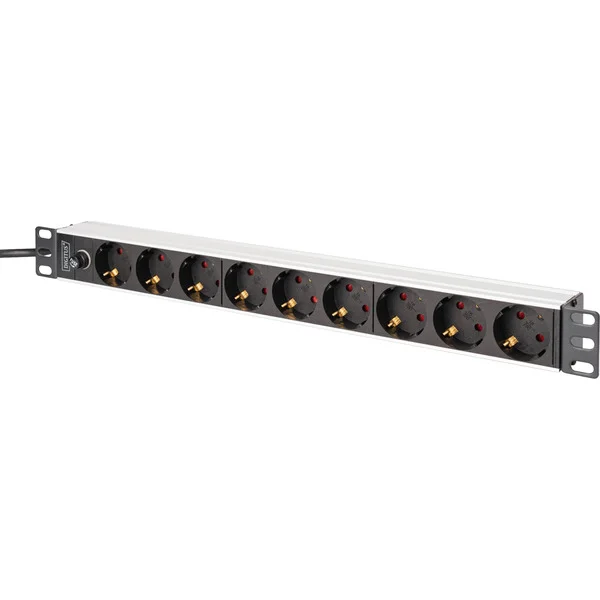 Digitus Steckdosenleiste 19" PDU mit Aluminiumprofil, 9-fach, Vorsicherung (schwarz/aluminium, 2 Meter Kabel, 1 HE, 10A, Kaltgerätestecker C14)