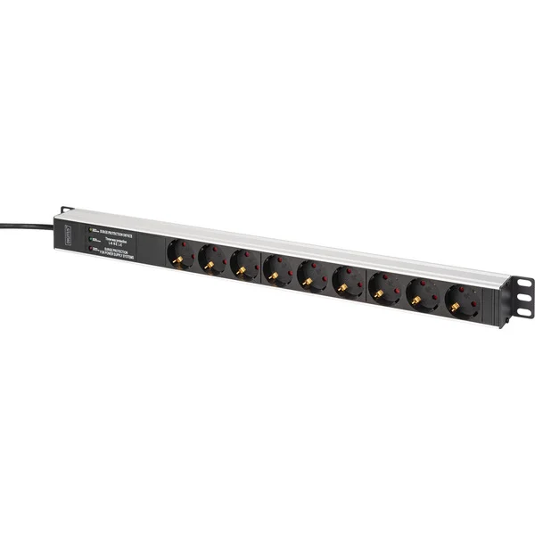 Digitus Steckdosenleiste PDU mit Aluminiumprofil, 9-fach (schwarz/aluminium, 2 Meter Kabel, 1 HE, mit Netzfilter und Überspannungsschutz)