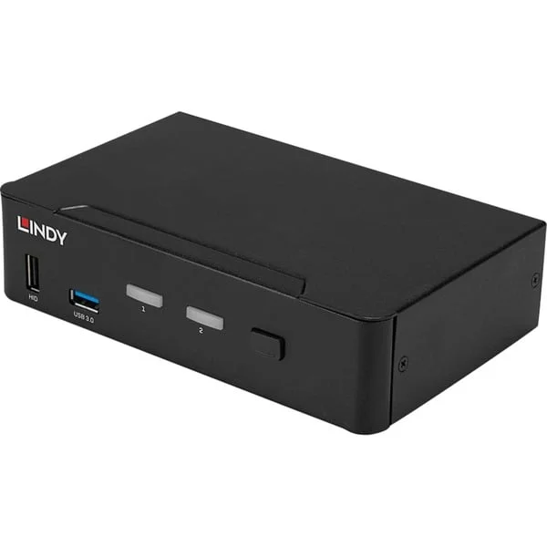 Lindy 2 Port KVM Switch, DisplayPort 1.4, USB 3.0 & Audio, KVM-Switch (schwarz)