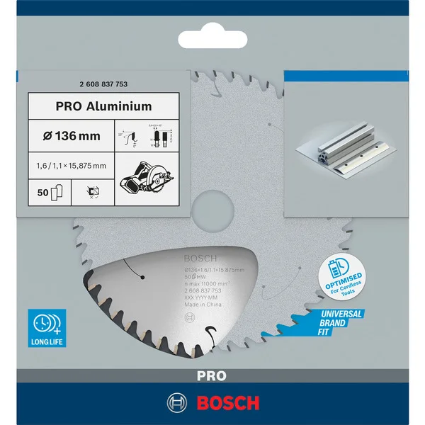 Bosch Professional PRO Aluminium cordless Kreissägeblatt, Ø 136mm, 50Z (Bohrung 15,875mm, für Akku-Handkreissägen)
