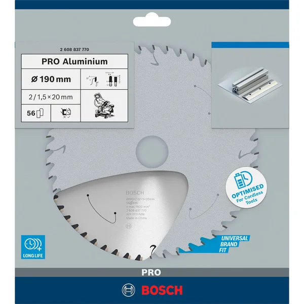 Bosch Professional PRO Aluminium cordless Kreissägeblatt, Ø 190mm, 56Z (Bohrung 20mm, für Akku-Kappsägen)
