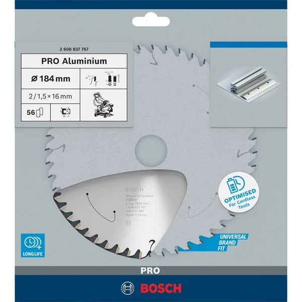 Bosch Professional PRO Aluminium cordless Kreissägeblatt, Ø 184mm, 56Z (Bohrung 16mm, für Akku-Kappsägen)