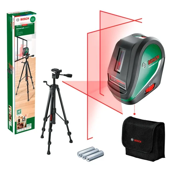 Bosch Heimwerken & Garten Kreuzlinienlaser UniversalLevel 3 Set (grün/schwarz, rote Laserlinien, Reichweite 10 Meter)