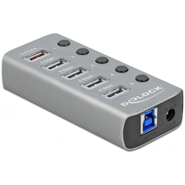 DeLOCK USB 3.2 Gen 1 Hub mit 4 Ports + 1 Schnellladeport, USB-Hub (grau, mit Schalter und Beleuchtung)