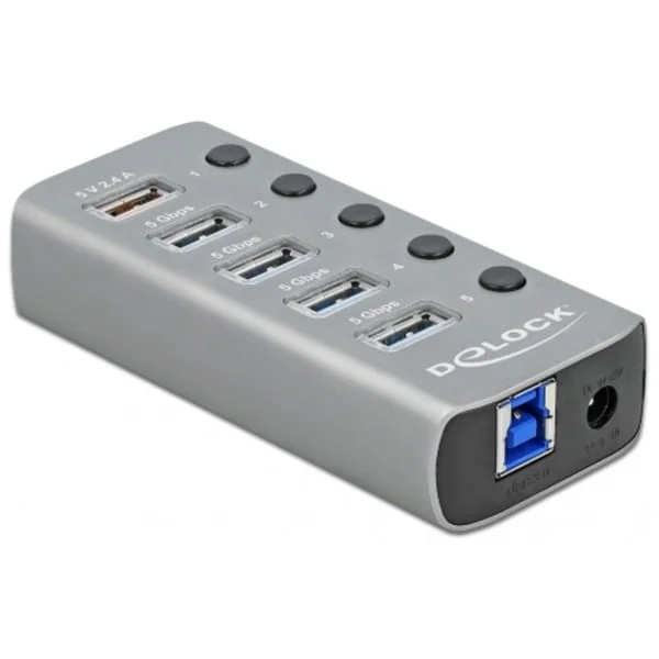 DeLOCK USB 3.2 Gen 1 Hub mit 4 Ports + 1 Schnellladeport + 1 USB-C PD 3.0 Port, USB-Hub (grau, mit Schalter und Beleuchtung)