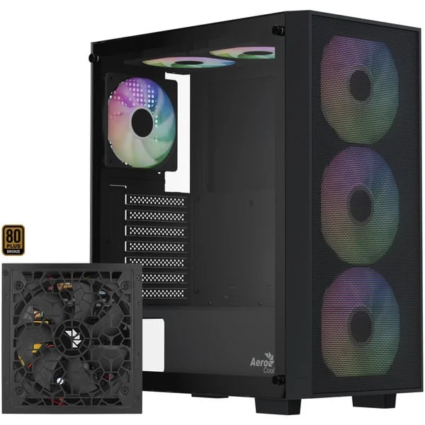 Aerocool B509A Flow-G-BK-v1, mit Netzteil Aero 650, Tower-Gehäuse (schwarz, Tempered Glass)