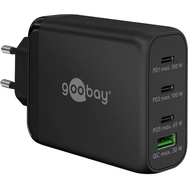 goobay USB-C PD Multiport-Schnellladegerät 100 Watt (schwarz, 1x USB-A QC, 3x USB-C PD, GaN-Technologie)